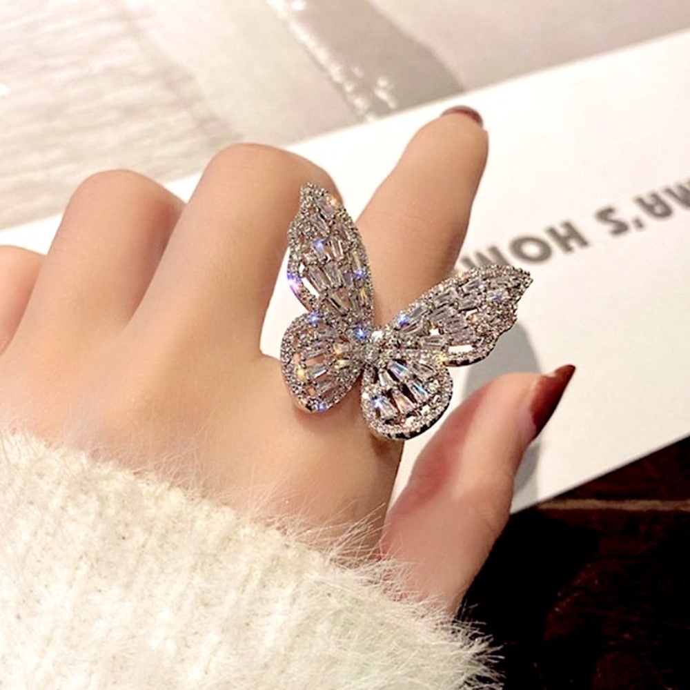 WHITE GOLD PLATED ZIRCON BUTTERFLY RING - Picture 6 of 16